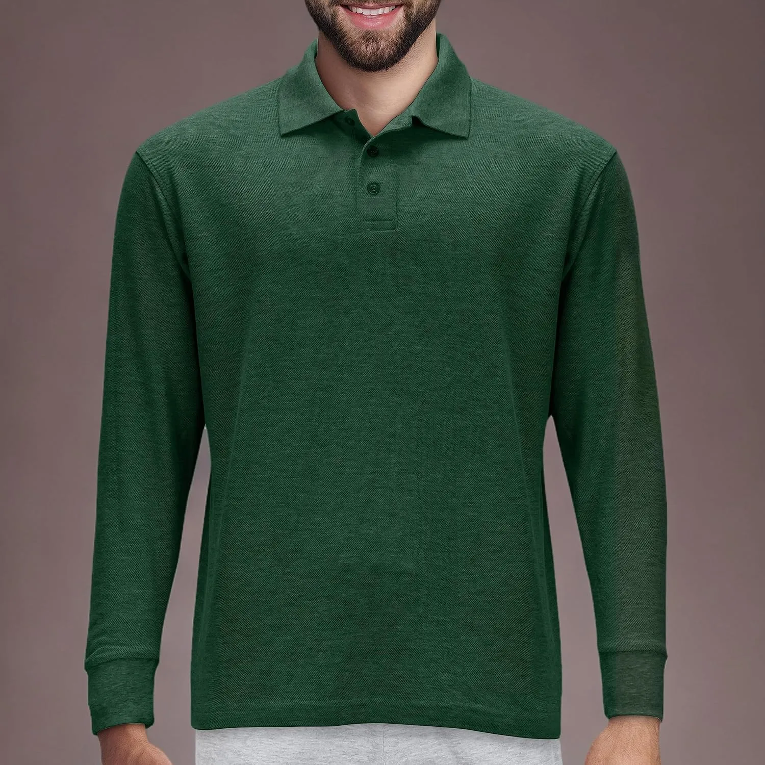 Premium Wear Long Sleeve Polo Shirt for Men, Cotton-Blend Fabric Golf Shirt with Collar, 3-Button Placket, Stain Guard