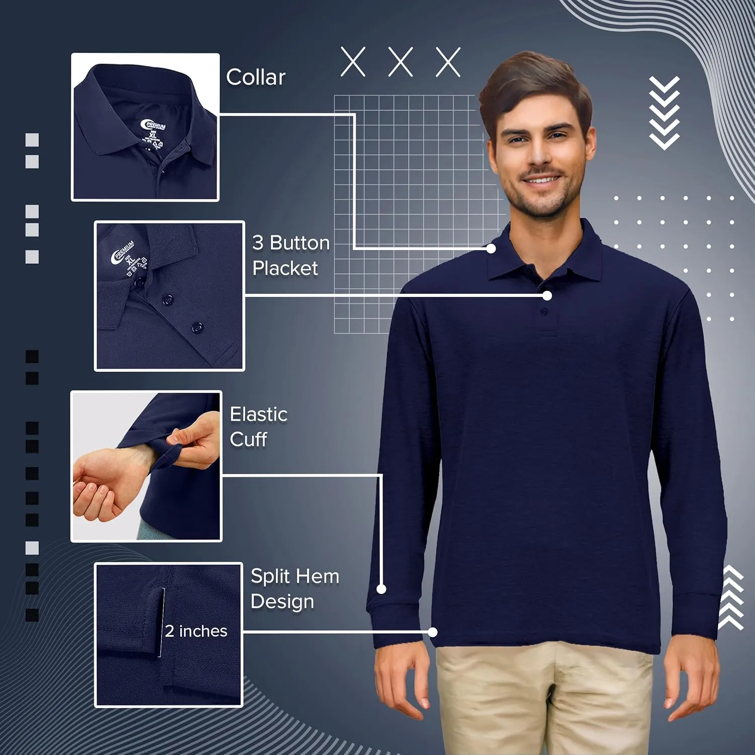 Premium Wear Long Sleeve Polo Shirt for Men, Cotton-Blend Fabric Golf Shirt with Collar, 3-Button Placket, Stain Guard