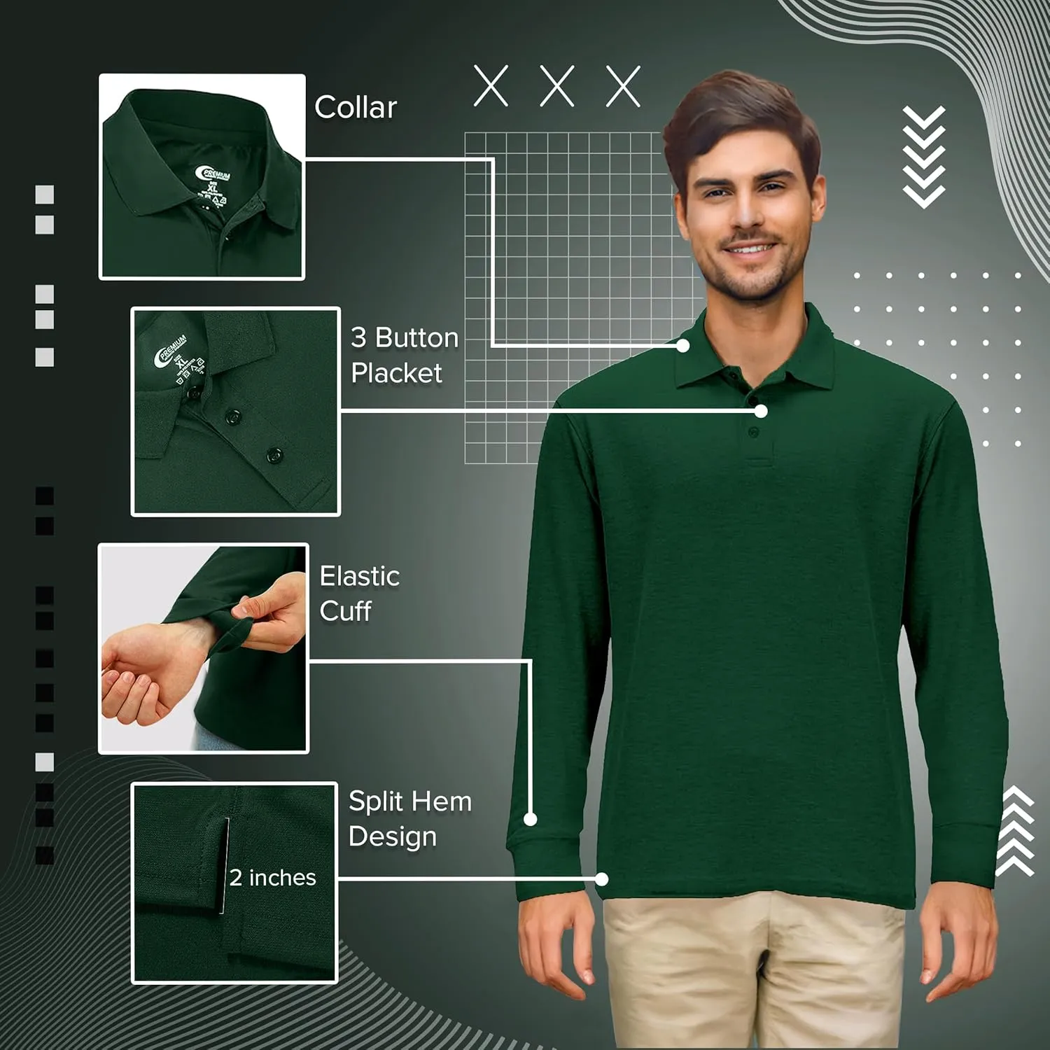 Premium Wear Long Sleeve Polo Shirt for Men, Cotton-Blend Fabric Golf Shirt with Collar, 3-Button Placket, Stain Guard