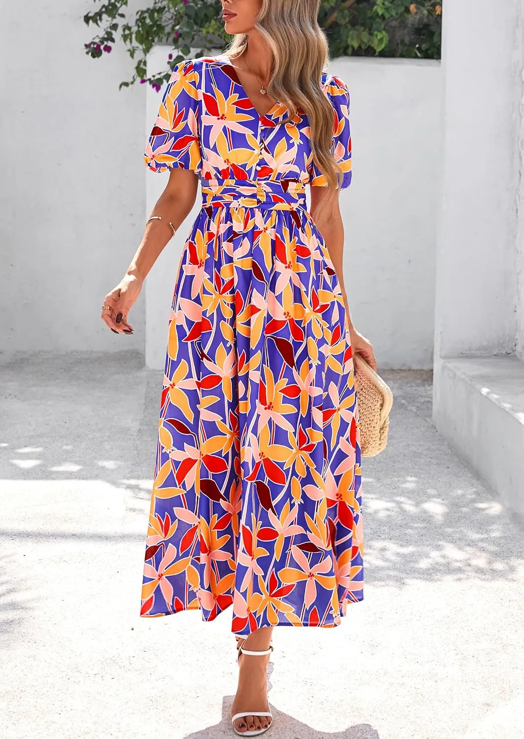PRETTYGARDEN Summer Maxi Dresses for Women 2025 Floral V Neck Puff Sleeve Empire Waist A Line Flowy Long Beach Boho Dress