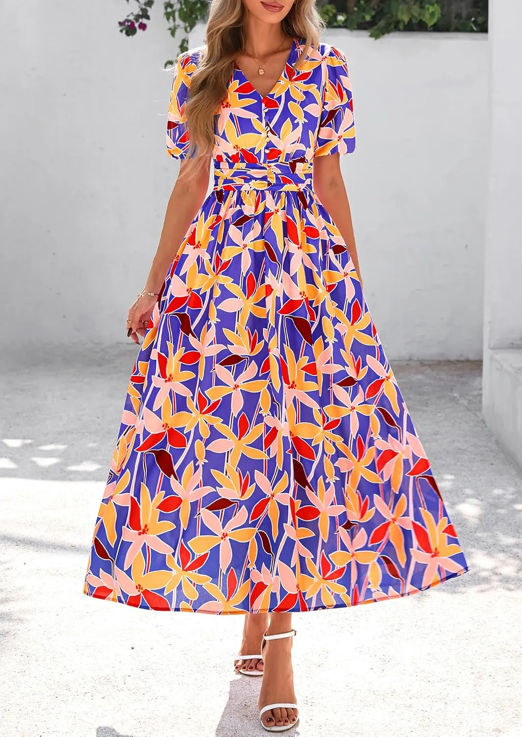 PRETTYGARDEN Summer Maxi Dresses for Women 2025 Floral V Neck Puff Sleeve Empire Waist A Line Flowy Long Beach Boho Dress