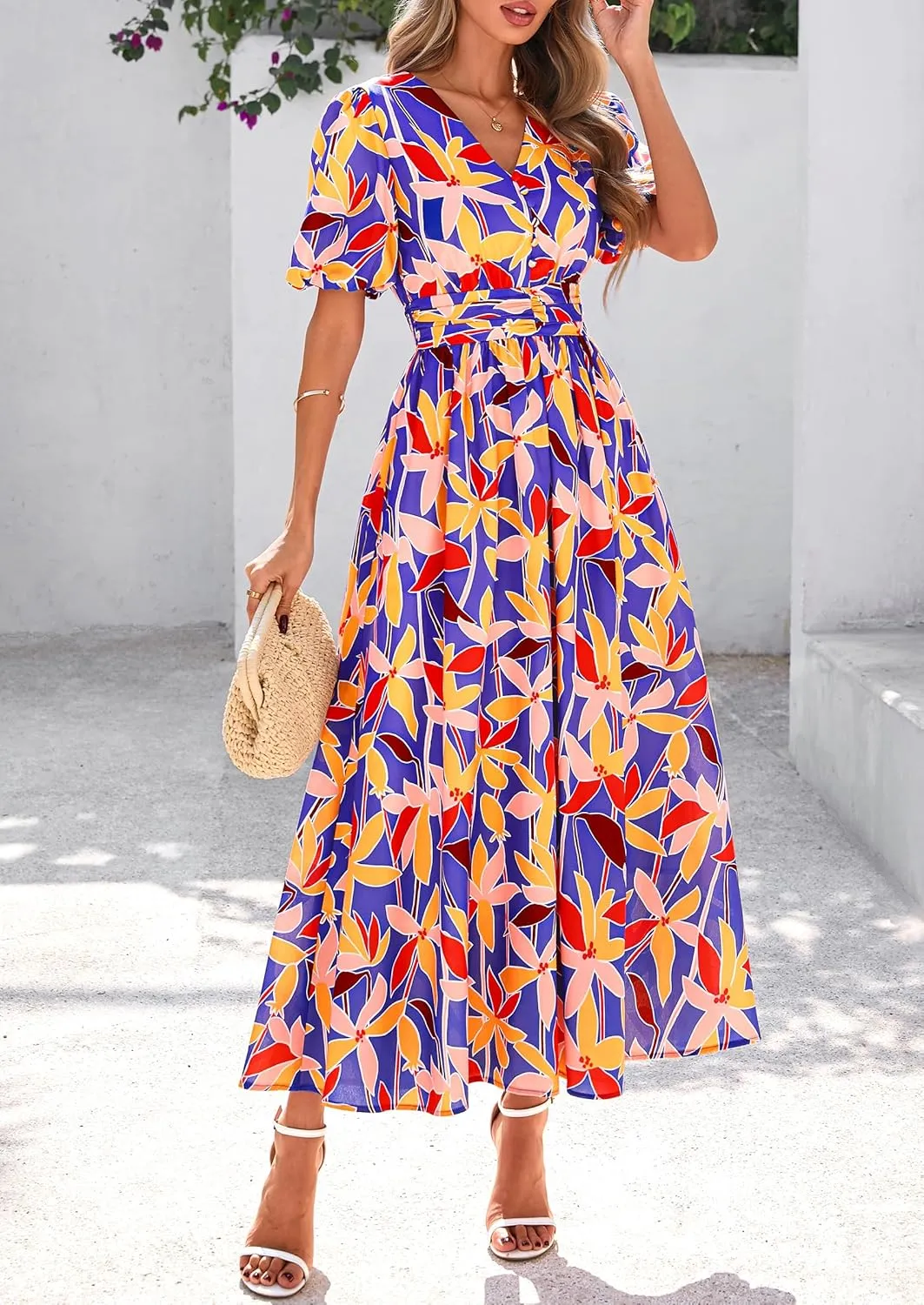 PRETTYGARDEN Summer Maxi Dresses for Women 2025 Floral V Neck Puff Sleeve Empire Waist A Line Flowy Long Beach Boho Dress
