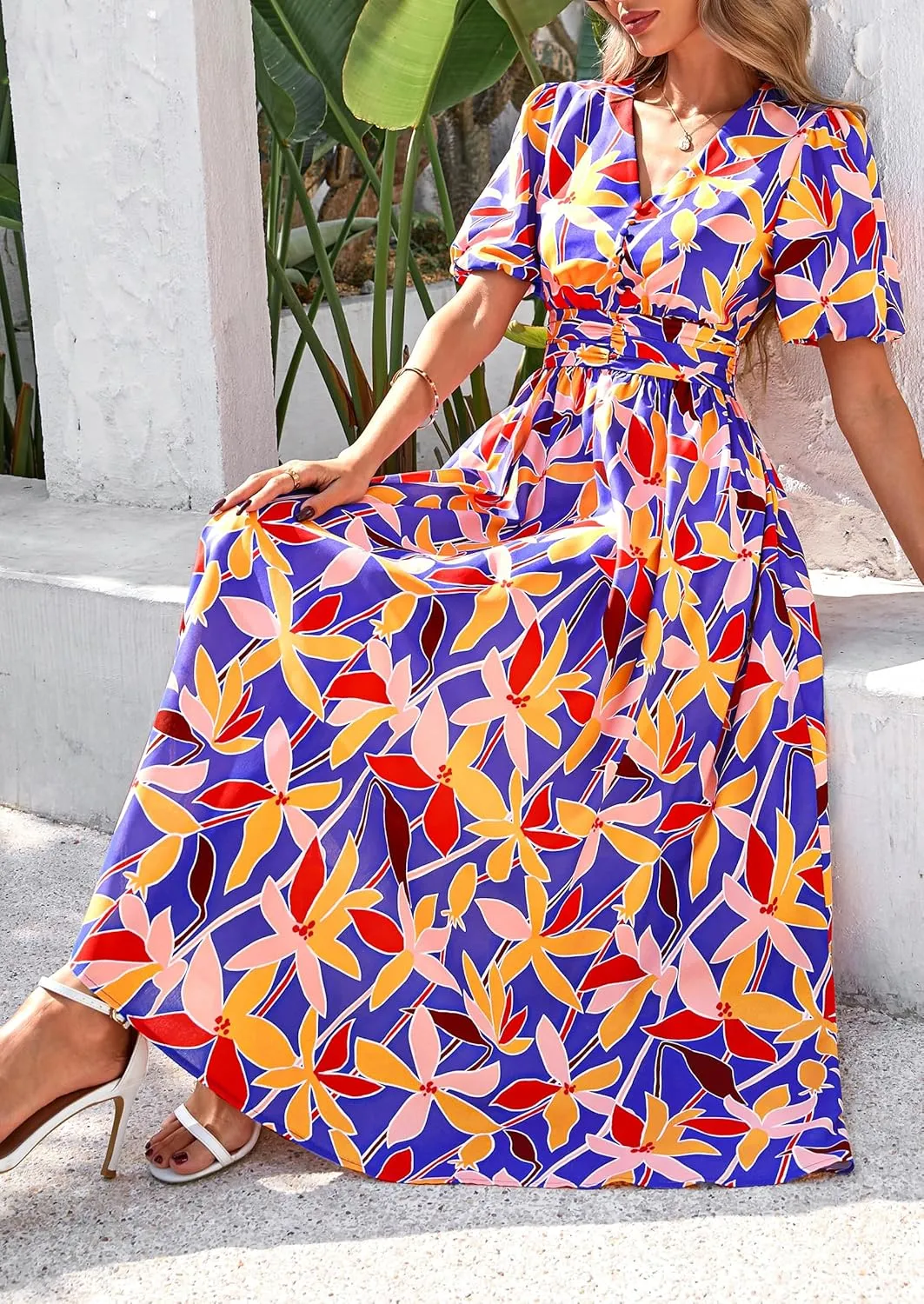 PRETTYGARDEN Summer Maxi Dresses for Women 2025 Floral V Neck Puff Sleeve Empire Waist A Line Flowy Long Beach Boho Dress