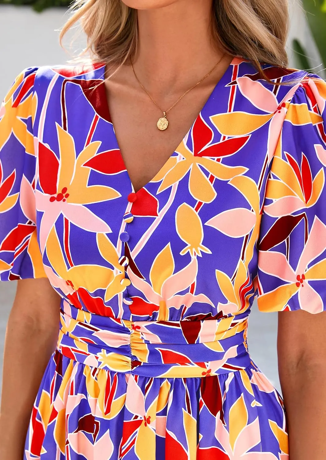 PRETTYGARDEN Summer Maxi Dresses for Women 2025 Floral V Neck Puff Sleeve Empire Waist A Line Flowy Long Beach Boho Dress