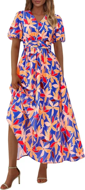 PRETTYGARDEN Summer Maxi Dresses for Women 2025 Floral V Neck Puff Sleeve Empire Waist A Line Flowy Long Beach Boho Dress