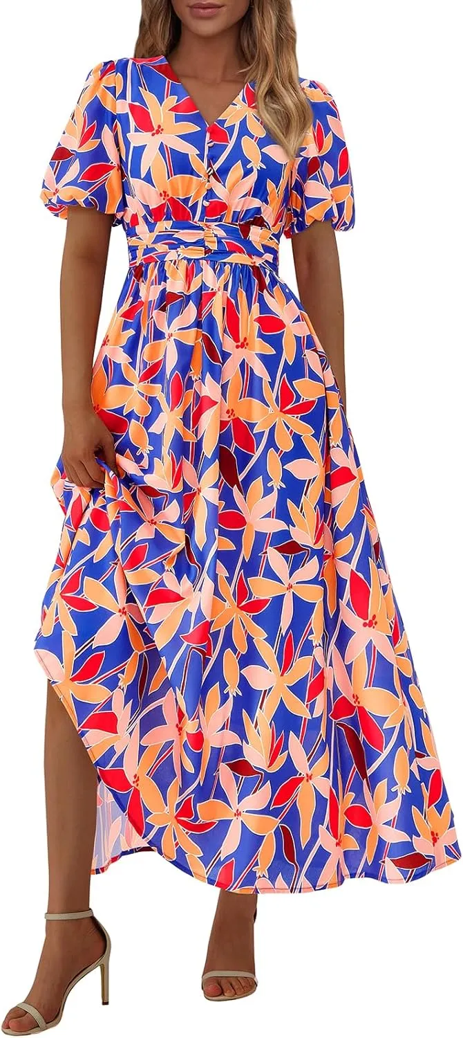 PRETTYGARDEN Summer Maxi Dresses for Women 2025 Floral V Neck Puff Sleeve Empire Waist A Line Flowy Long Beach Boho Dress