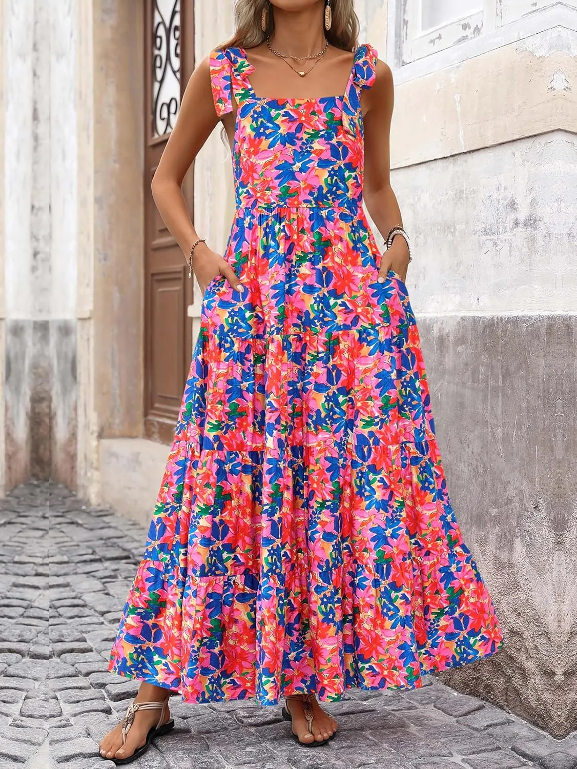 PRETTYGARDEN Womens Dresses 2025 Summer Sleeveless Maxi Dress Square Neck Floral Spaghetti Strap Aline Flowy Beach Long Dress