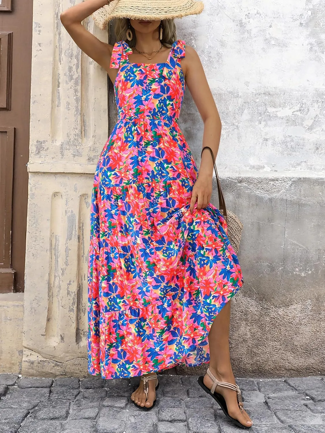 PRETTYGARDEN Womens Dresses 2025 Summer Sleeveless Maxi Dress Square Neck Floral Spaghetti Strap Aline Flowy Beach Long Dress