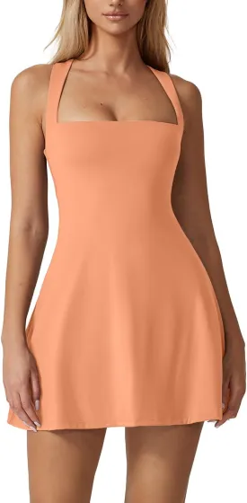 QINSEN Womens Square Neck Tennis Dress Sleeveless Built in Shorts Golf Athletic Dress with Pockets