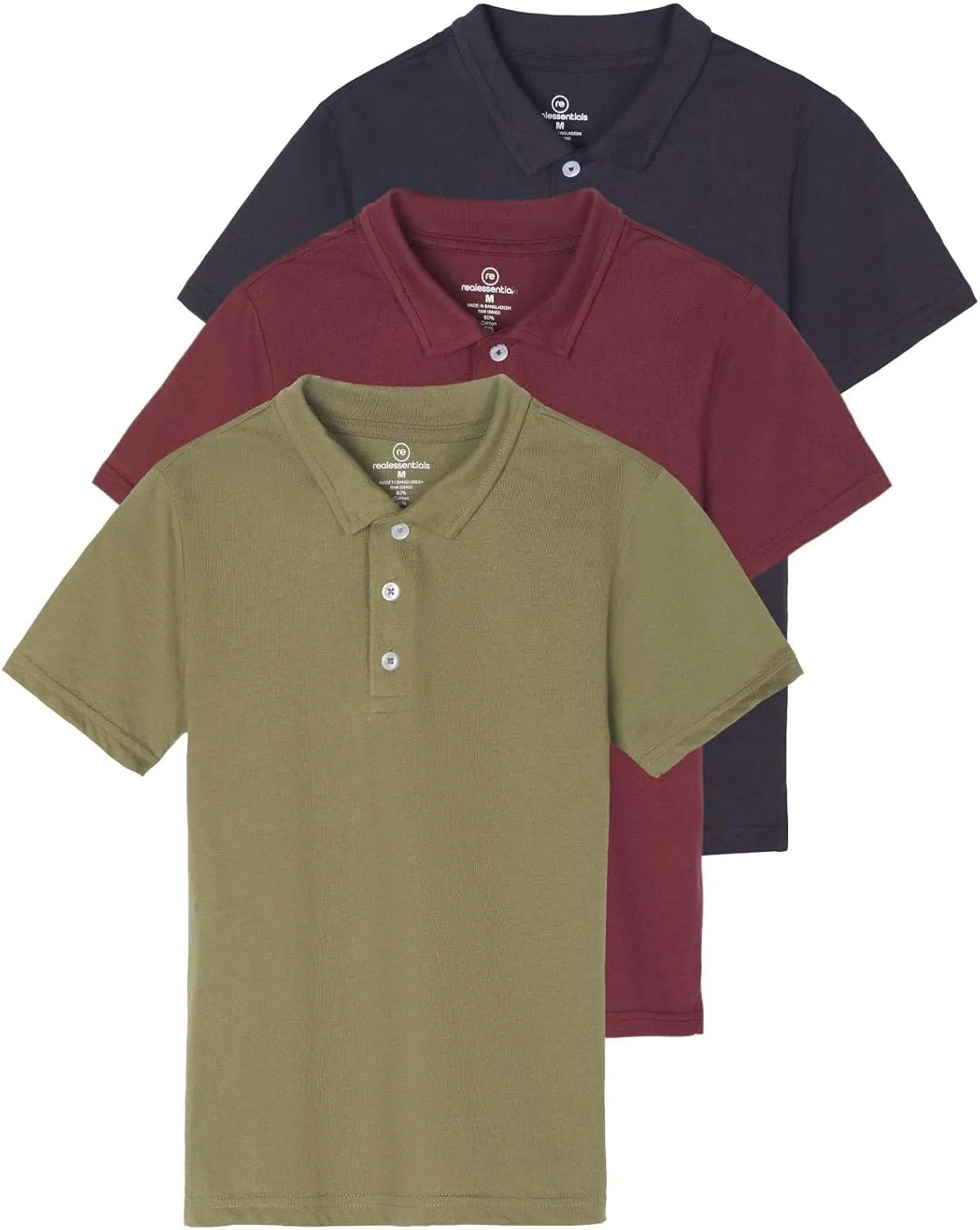 Real Essentials 3 Pack: Boys' Short Sleeve Jersey Cotton Polo Shirt - Uniform Youth Dress Shirt (Ages 4-18)