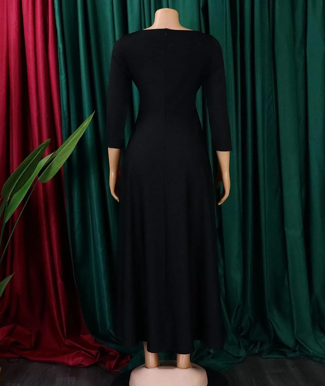 Sexyshine Women's Casual Round Neck 3/4 Long Sleeve Maxi Dress A-Line Self Tie High Waist Flare Pleated Swing Long Dresses