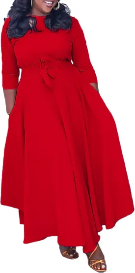 Sexyshine Women's Casual Round Neck 3/4 Long Sleeve Maxi Dress A-Line Self Tie High Waist Flare Pleated Swing Long Dresses