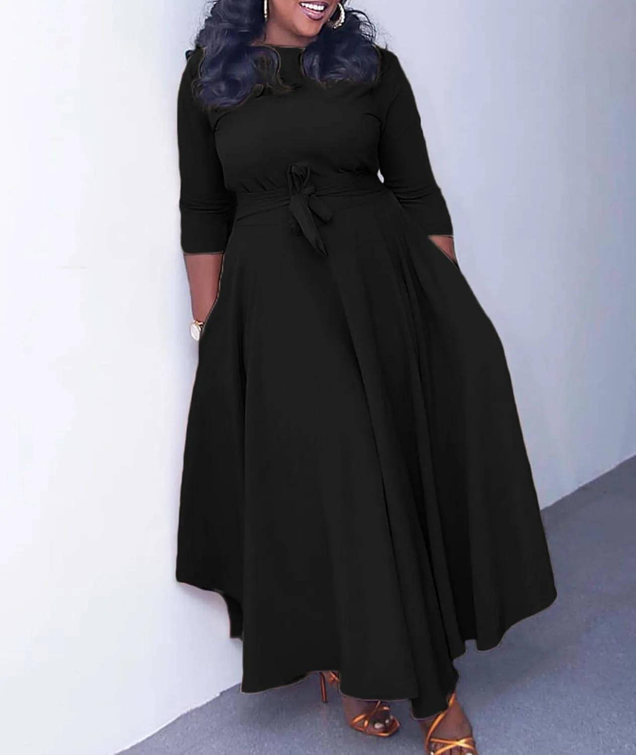 Sexyshine Women's Casual Round Neck 3/4 Long Sleeve Maxi Dress A-Line Self Tie High Waist Flare Pleated Swing Long Dresses