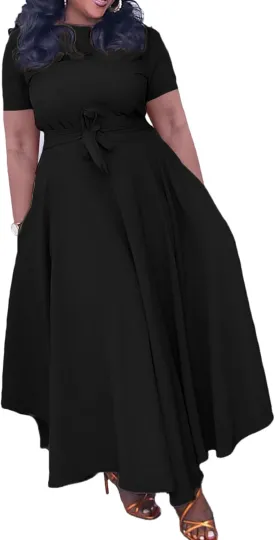 Sexyshine Women's Casual Round Neck 3/4 Long Sleeve Maxi Dress A-Line Self Tie High Waist Flare Pleated Swing Long Dresses