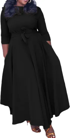 Sexyshine Women's Casual Round Neck 3/4 Long Sleeve Maxi Dress A-Line Self Tie High Waist Flare Pleated Swing Long Dresses