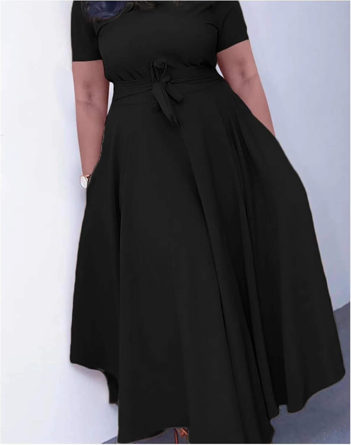 Sexyshine Women's Casual Round Neck 3/4 Long Sleeve Maxi Dress A-Line Self Tie High Waist Flare Pleated Swing Long Dresses