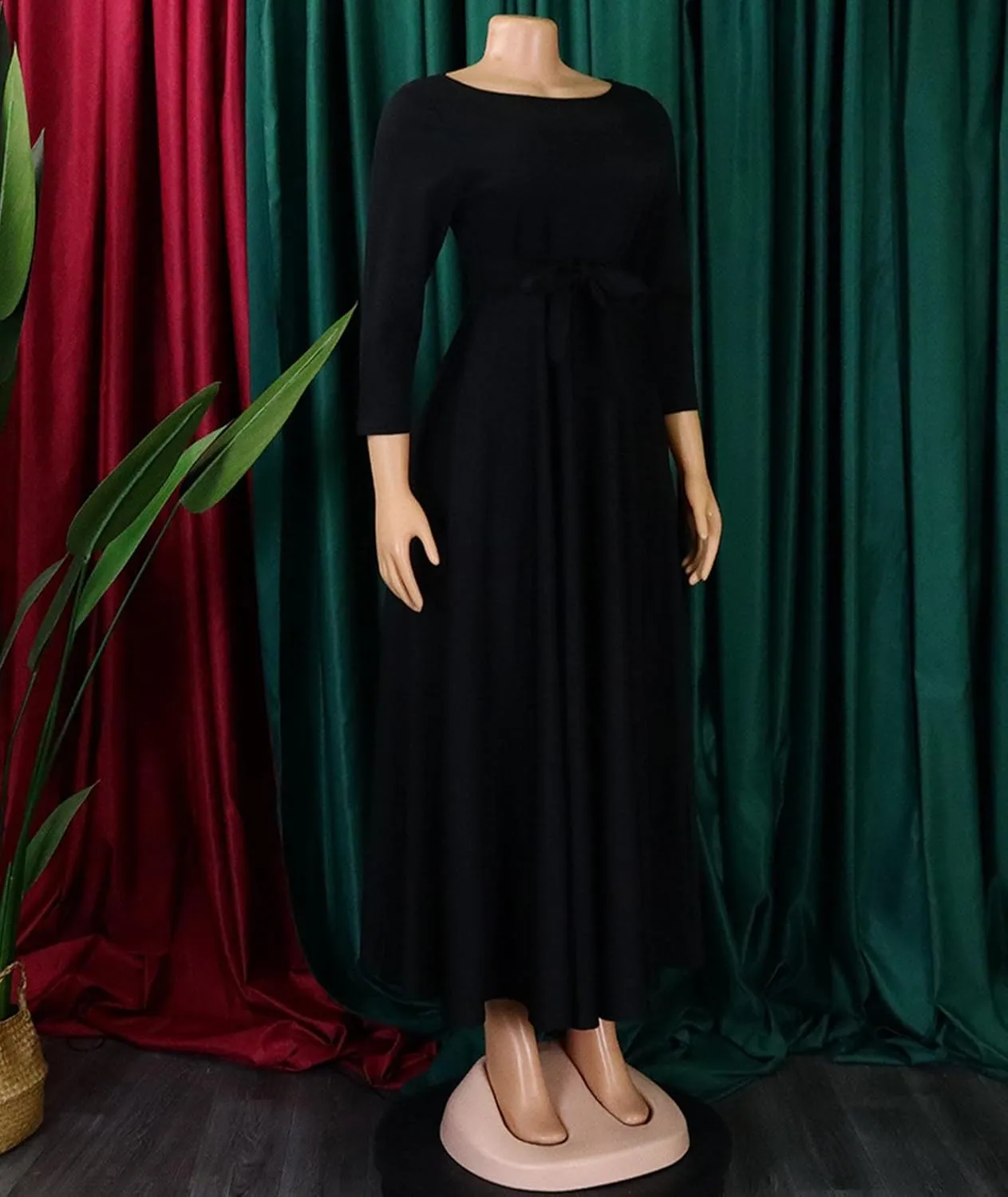 Sexyshine Women's Casual Round Neck 3/4 Long Sleeve Maxi Dress A-Line Self Tie High Waist Flare Pleated Swing Long Dresses