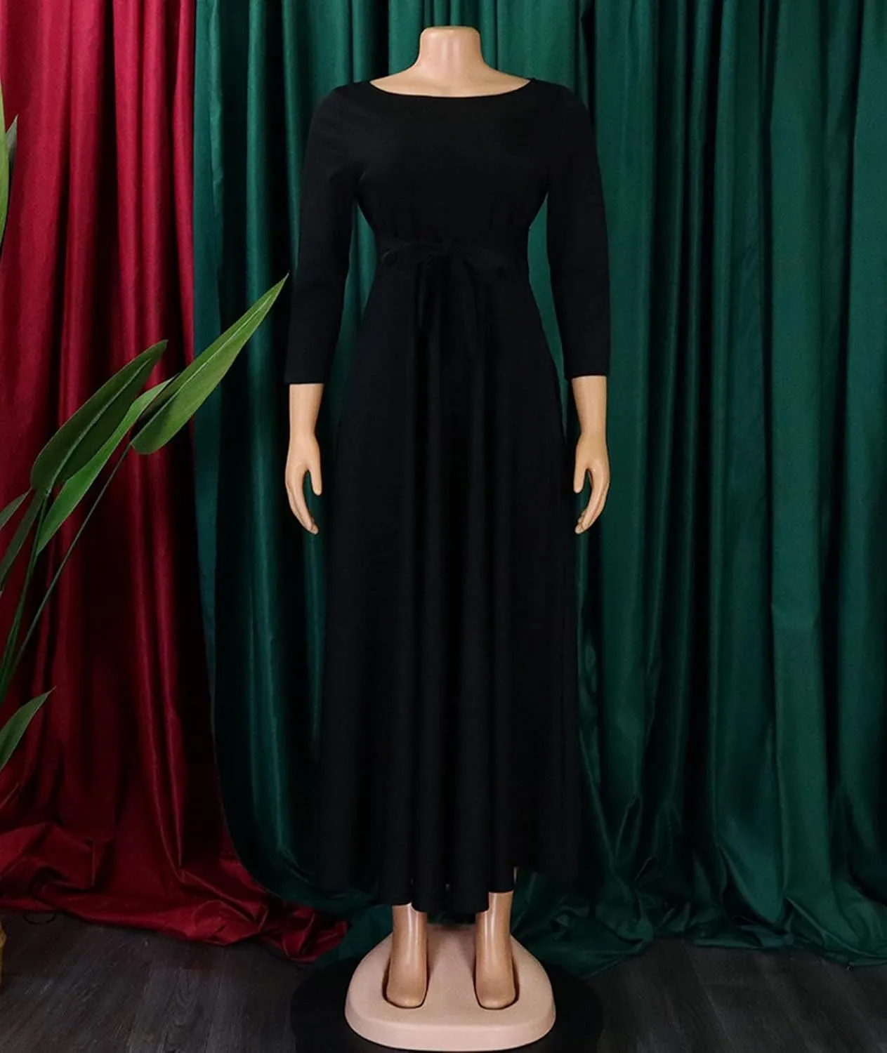 Sexyshine Women's Casual Round Neck 3/4 Long Sleeve Maxi Dress A-Line Self Tie High Waist Flare Pleated Swing Long Dresses