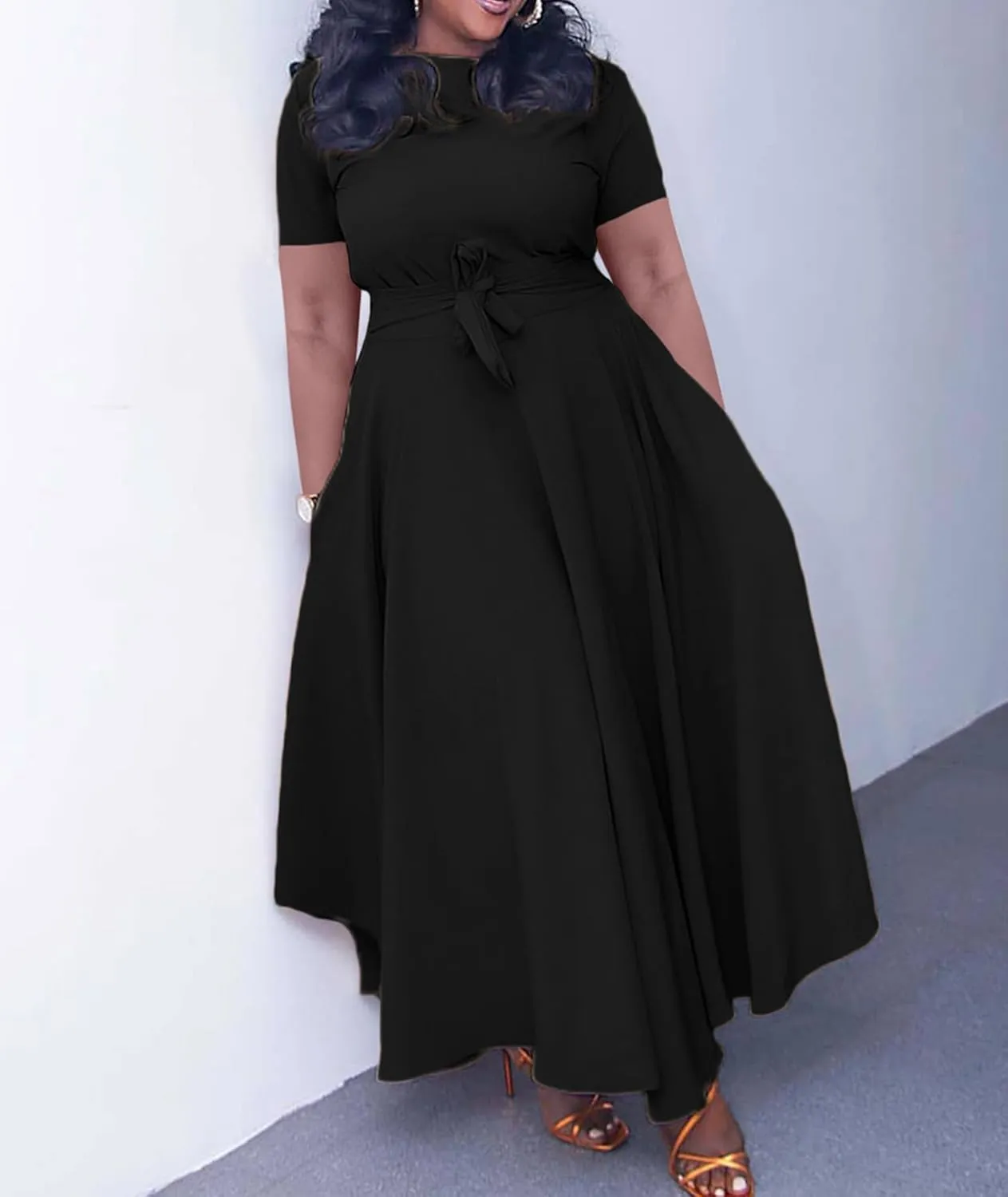 Sexyshine Women's Casual Round Neck 3/4 Long Sleeve Maxi Dress A-Line Self Tie High Waist Flare Pleated Swing Long Dresses