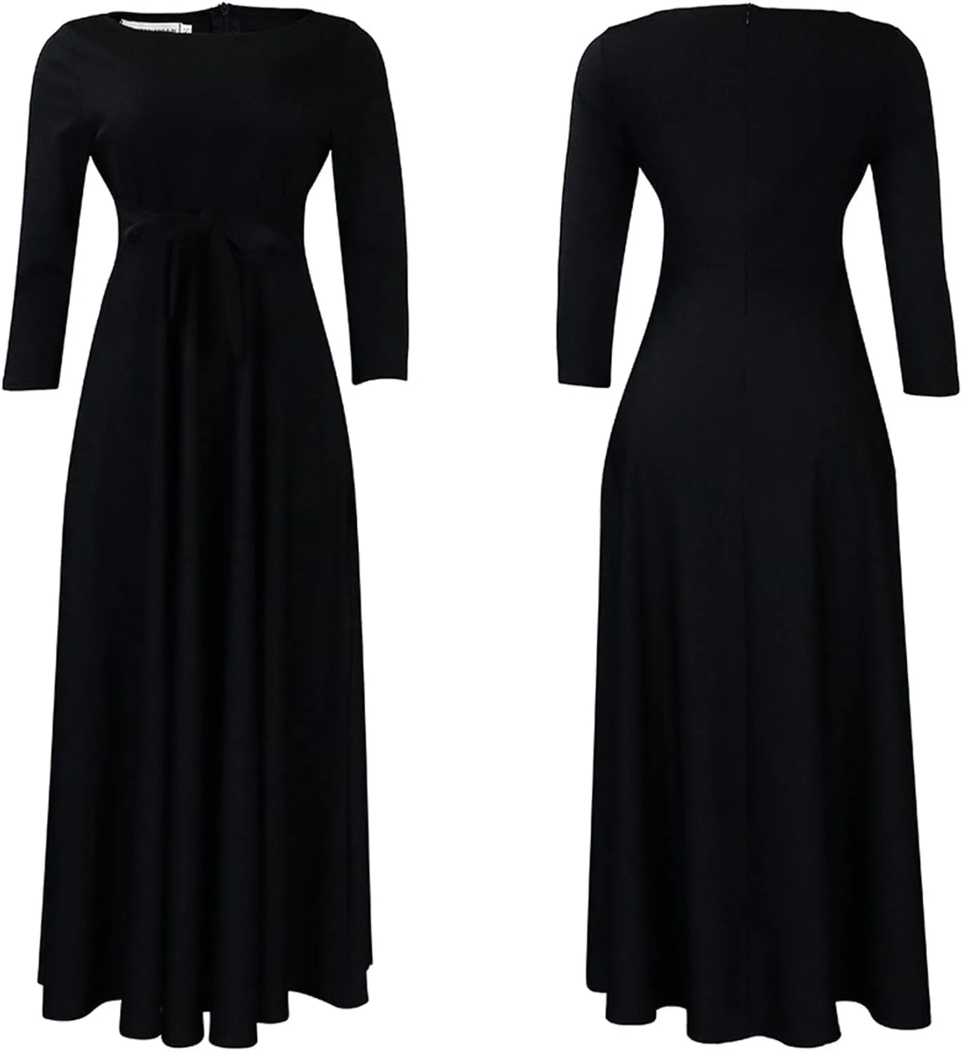 Sexyshine Women's Casual Round Neck 3/4 Long Sleeve Maxi Dress A-Line Self Tie High Waist Flare Pleated Swing Long Dresses