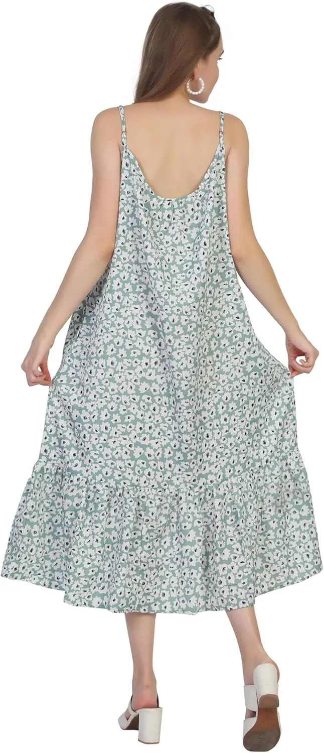 SheKaf Women Summer Casual Loose Sleeveless Spaghetti Strap Beach Maxi Long Dress with Pockets