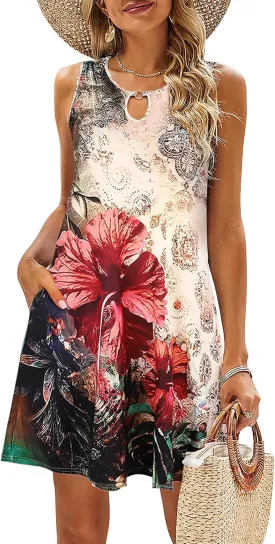 SimpleFun Summer Dresses for Women 2025 Beach Floral Tshirt Sundresses Casual Boho Dress with Pockets