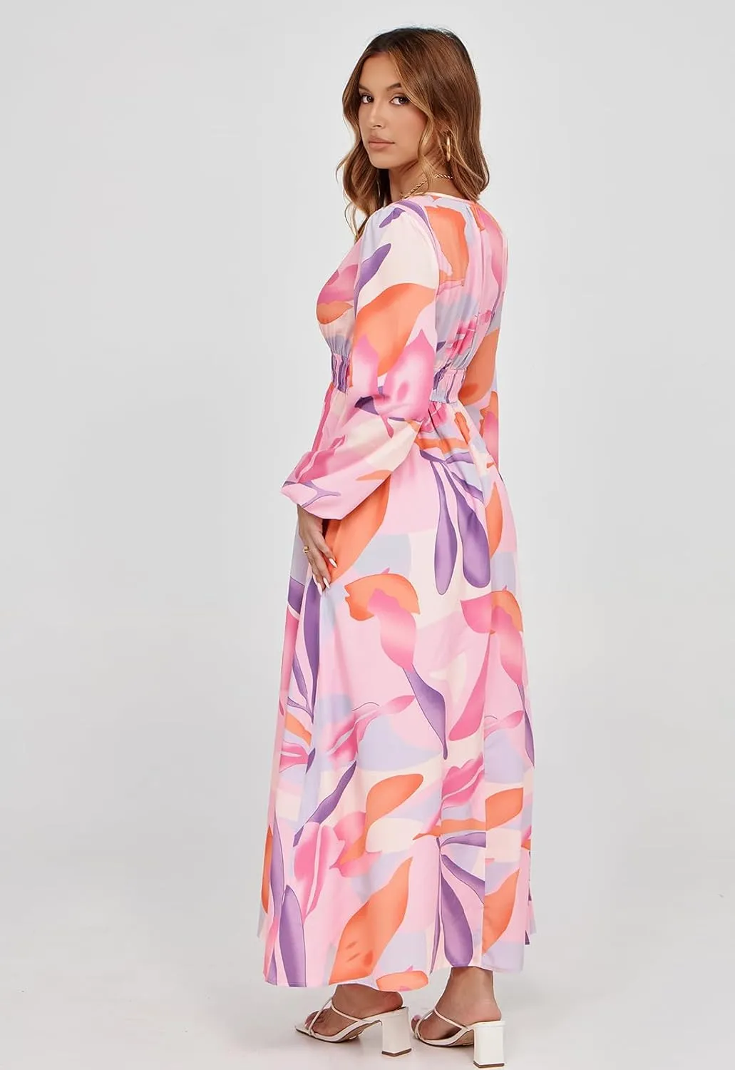 Sissyaki Women's Long Sleeve Boho Floral Maxi Dress Smocked Beach Flowy Dress