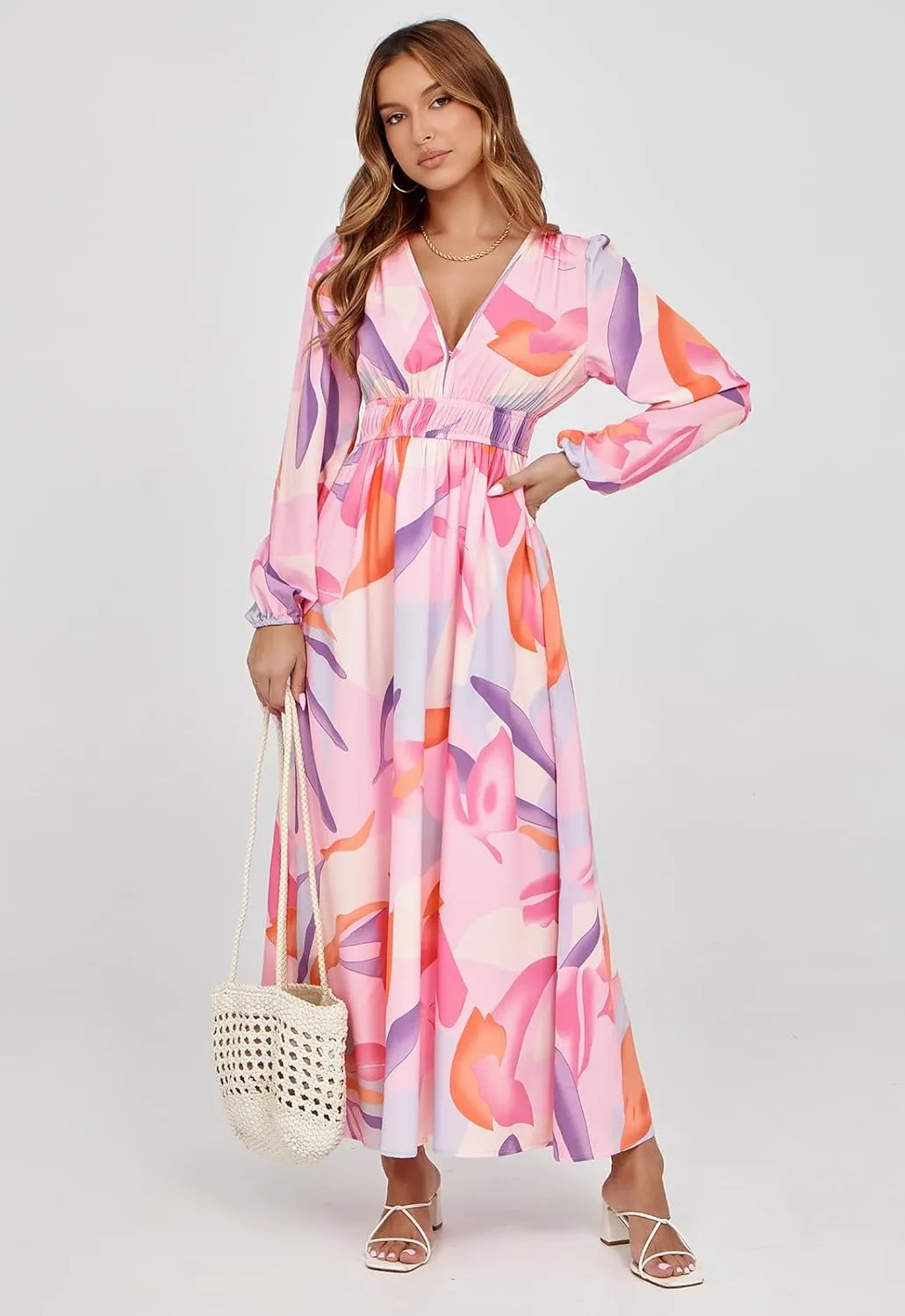 Sissyaki Women's Long Sleeve Boho Floral Maxi Dress Smocked Beach Flowy Dress