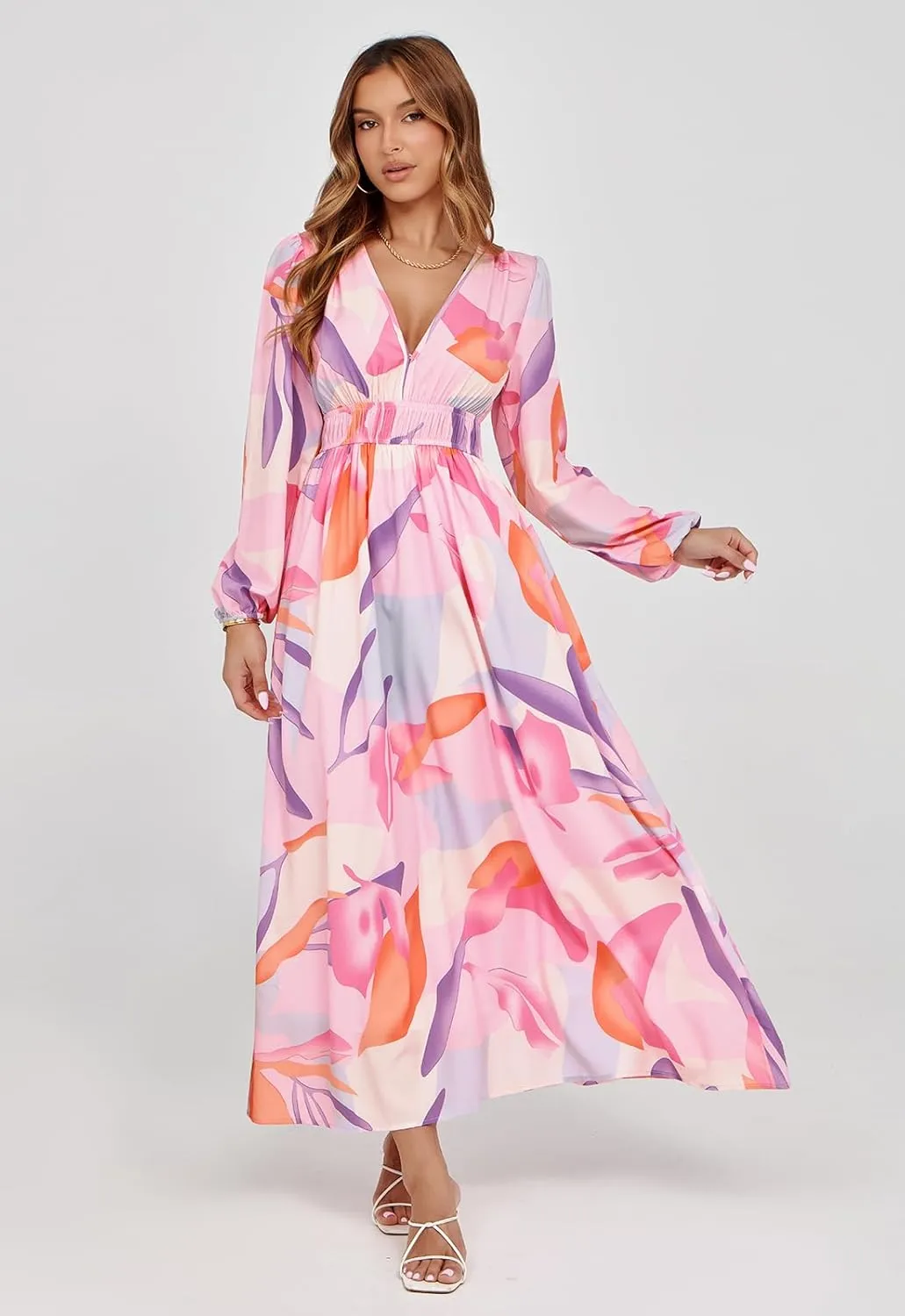 Sissyaki Women's Long Sleeve Boho Floral Maxi Dress Smocked Beach Flowy Dress