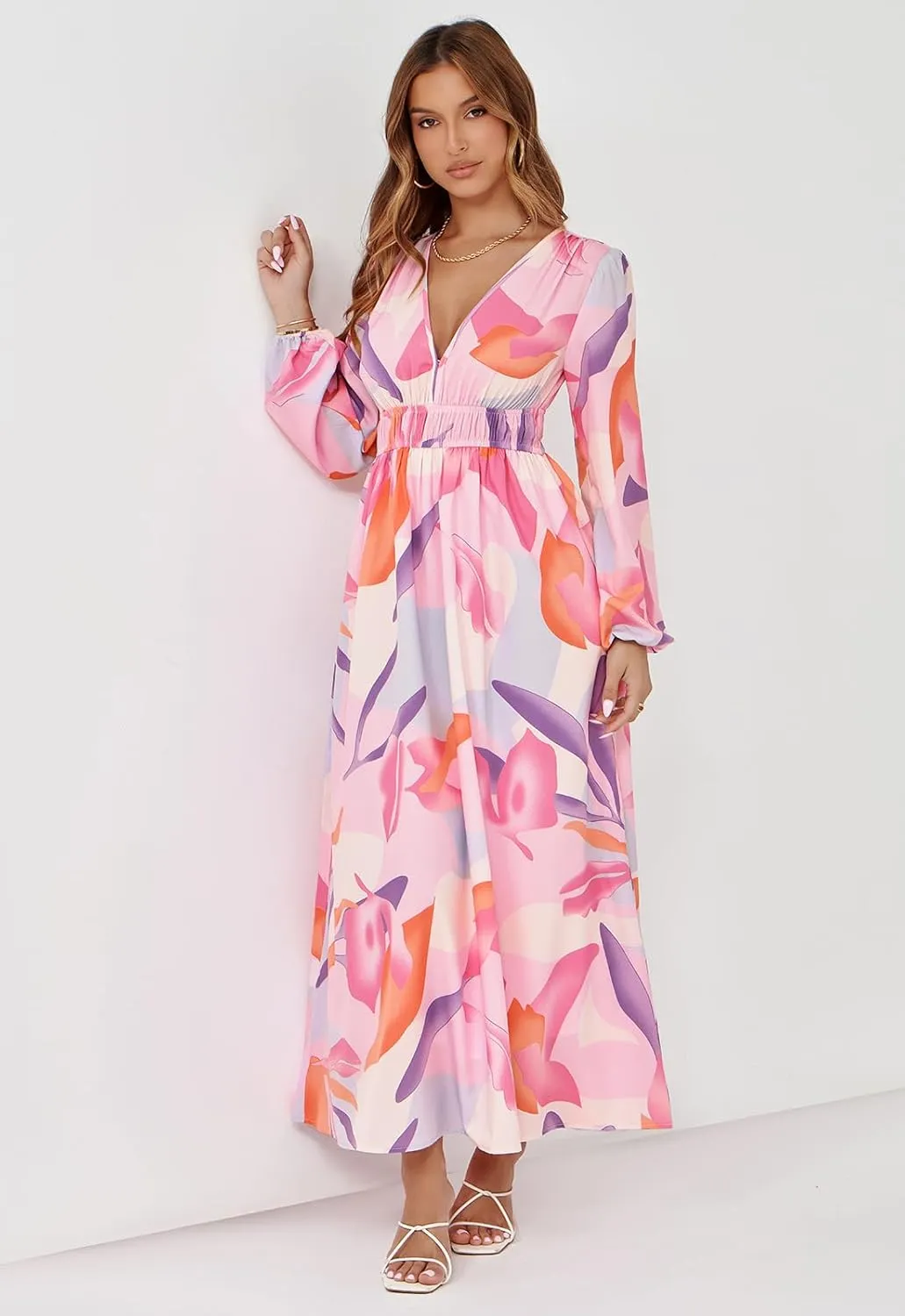Sissyaki Women's Long Sleeve Boho Floral Maxi Dress Smocked Beach Flowy Dress