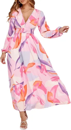 Sissyaki Women's Long Sleeve Boho Floral Maxi Dress Smocked Beach Flowy Dress