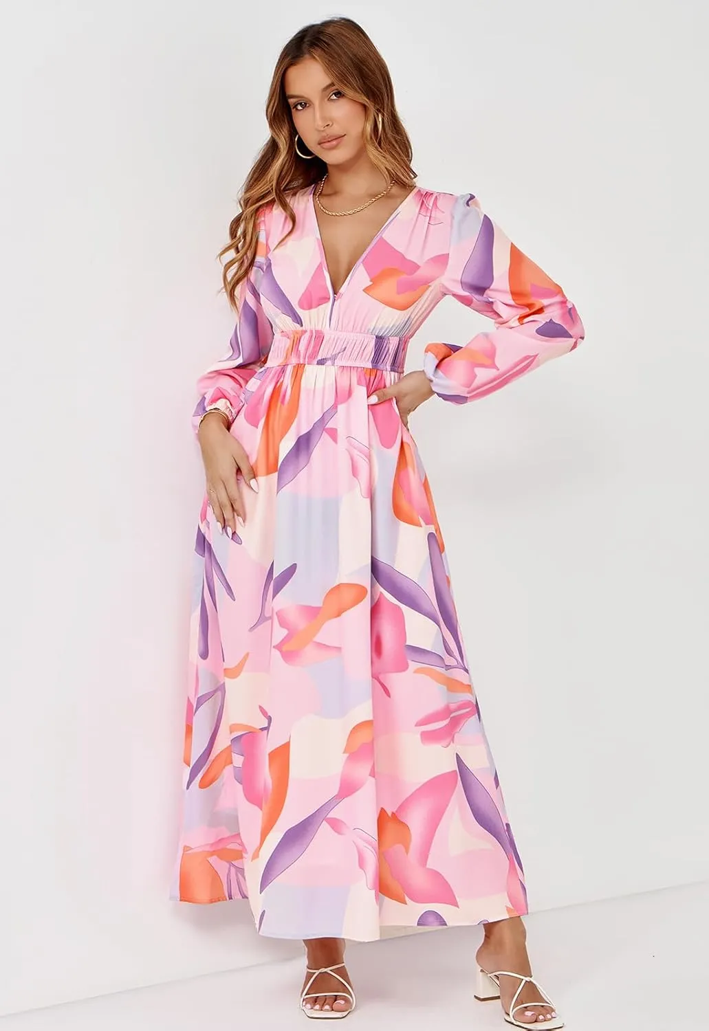 Sissyaki Women's Long Sleeve Boho Floral Maxi Dress Smocked Beach Flowy Dress
