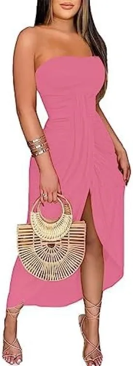 Umenlele Women's Strapless Ruched High Waist Wrap Split Asymmetrical Beach Maxi Long Dress