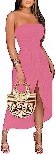Umenlele Women's Strapless Ruched High Waist Wrap Split Asymmetrical Beach Maxi Long Dress