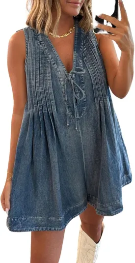 utcoco Womens Summer Casual Sleeveless Denim Romper Tie Front V Neck Jean Overall Shorts Romper With Pockets