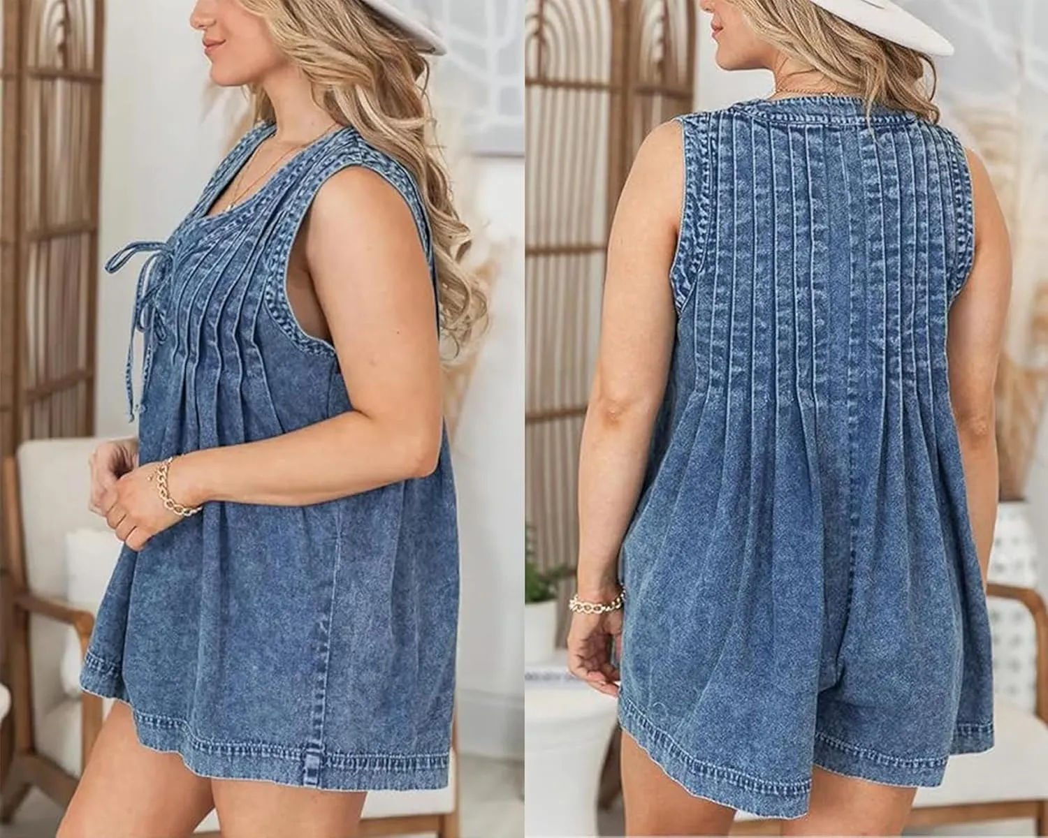 utcoco Womens Summer Casual Sleeveless Denim Romper Tie Front V Neck Jean Overall Shorts Romper With Pockets