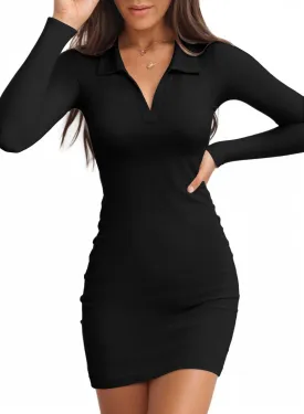 Valiamcep Women's Dress Long Sleeve V Neck Collared Ribbed Knit Bodycon Mini Pencil Dresses