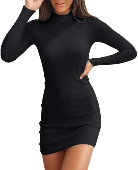 Valiamcep Women's Long Sleeve Dress Mock Neck Basic Ribbed Slim Fit Bodycon Mini Pencil Dresses