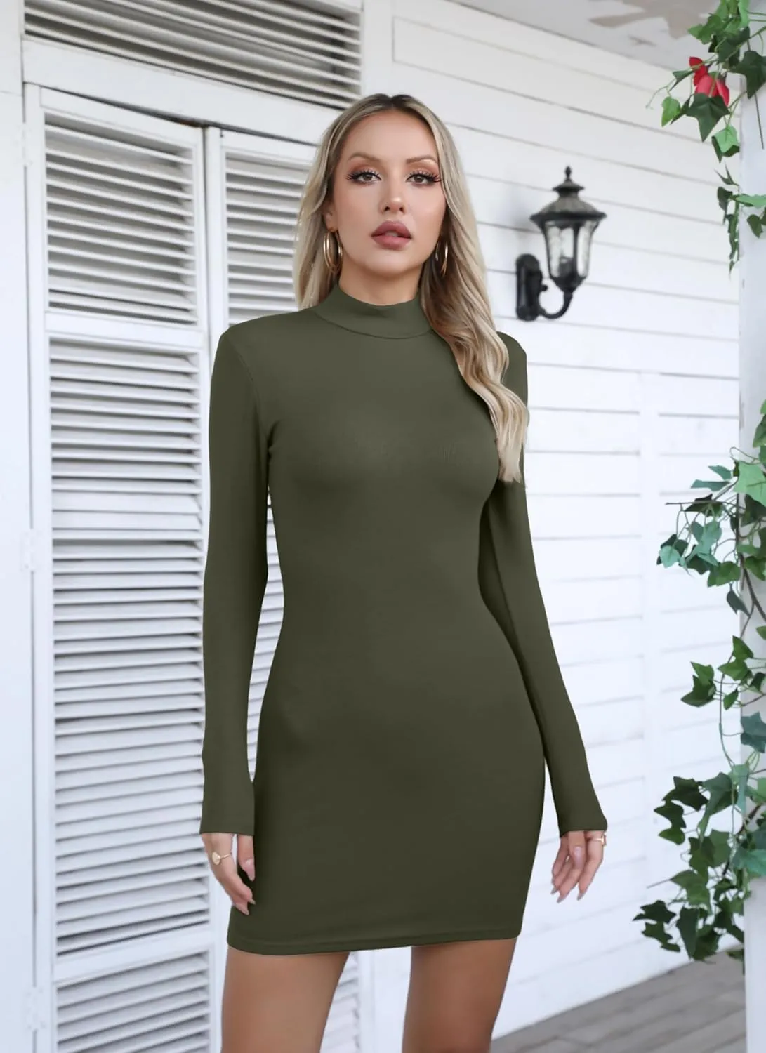 Valiamcep Women's Long Sleeve Dress Mock Neck Basic Ribbed Slim Fit Bodycon Mini Pencil Dresses