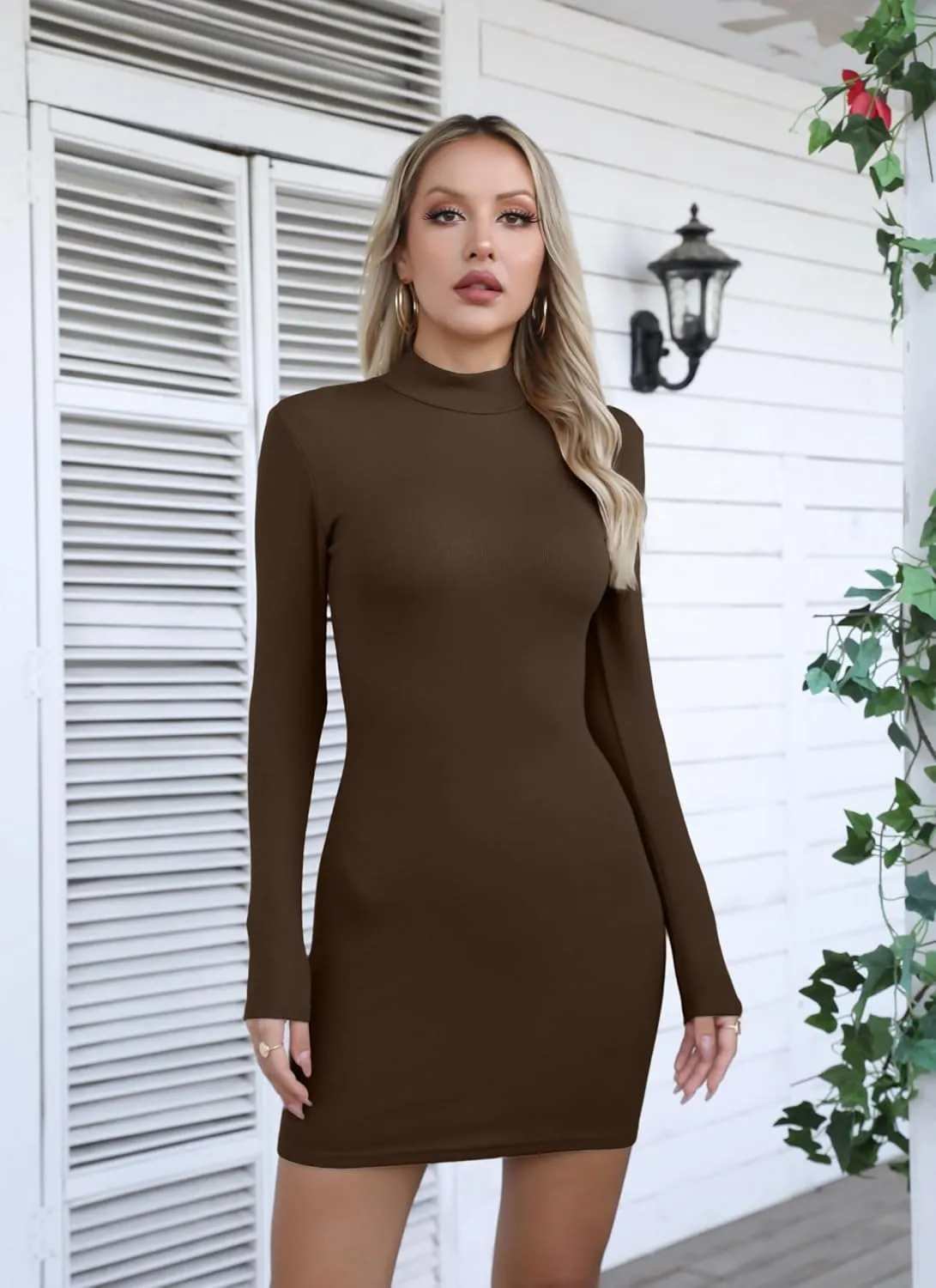 Valiamcep Women's Long Sleeve Dress Mock Neck Basic Ribbed Slim Fit Bodycon Mini Pencil Dresses