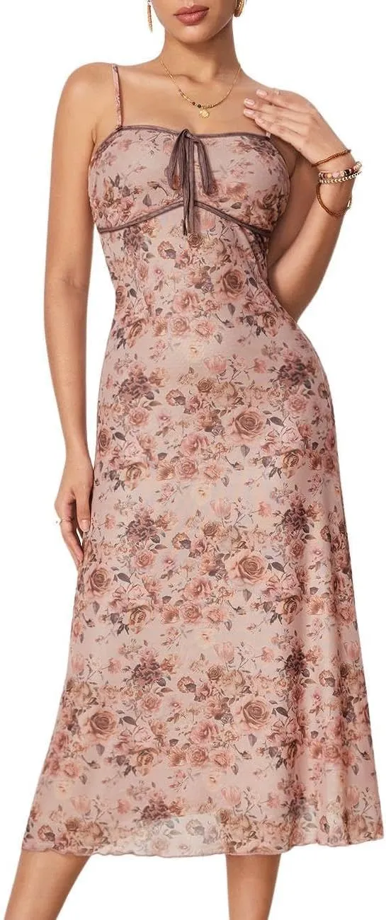 WDIRARA Women's Floral Lace Cami Dress Tie Front Lettuce Hem Dress High Waist Maxi Dresses