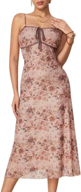 WDIRARA Women's Floral Lace Cami Dress Tie Front Lettuce Hem Dress High Waist Maxi Dresses