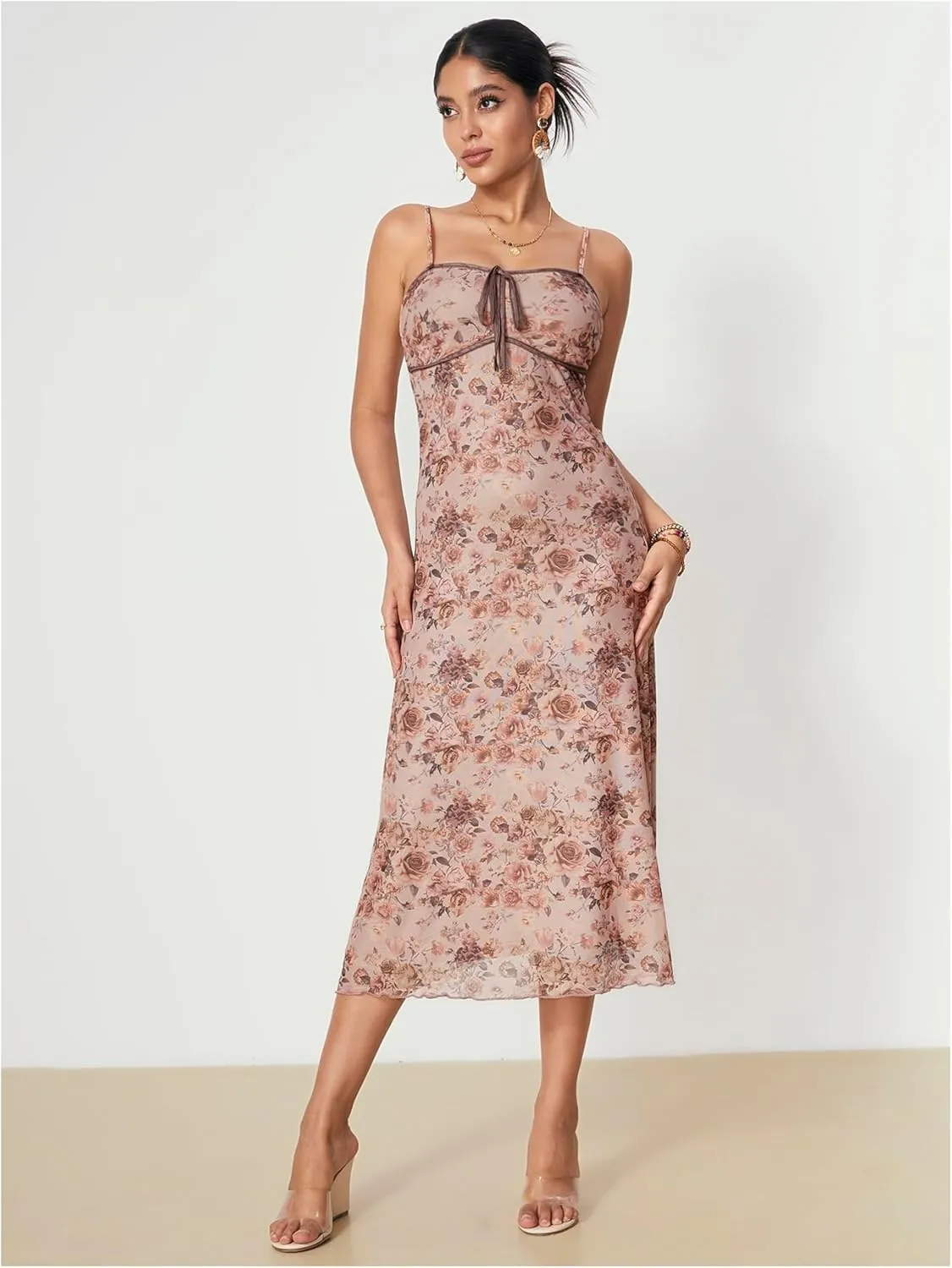 WDIRARA Women's Floral Lace Cami Dress Tie Front Lettuce Hem Dress High Waist Maxi Dresses