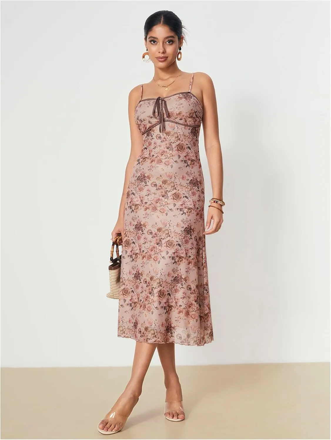 WDIRARA Women's Floral Lace Cami Dress Tie Front Lettuce Hem Dress High Waist Maxi Dresses