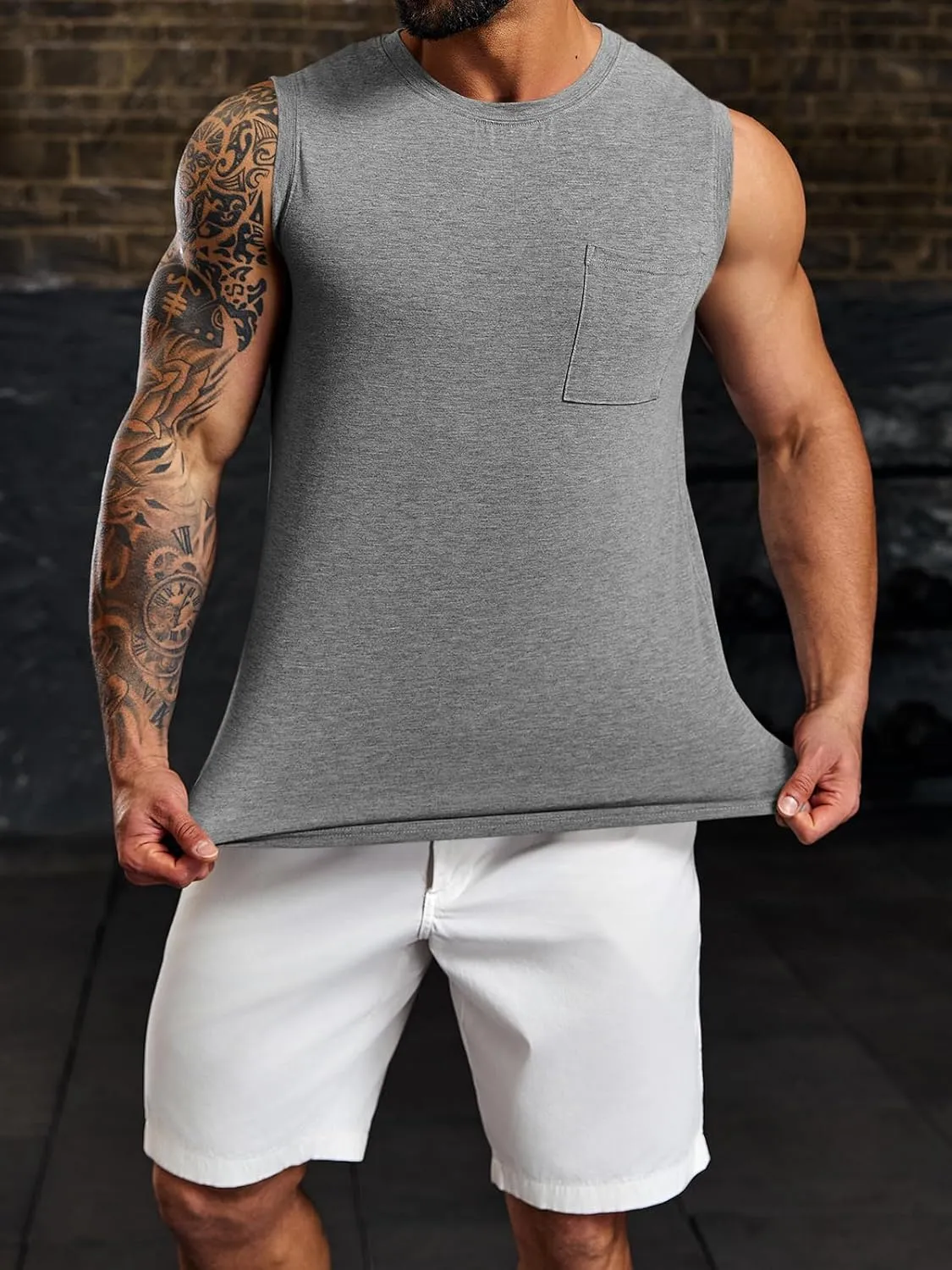 Wihion Men's Sleeveless Gym Tank Tops with Pocket Workout Bodybuilding Muscle T Shirts