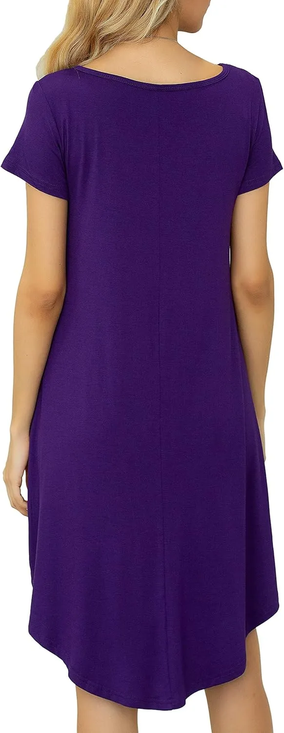Women Casual Loose Soft Crewneck Short Sleeve Pockets Swing T-Shirt Dress