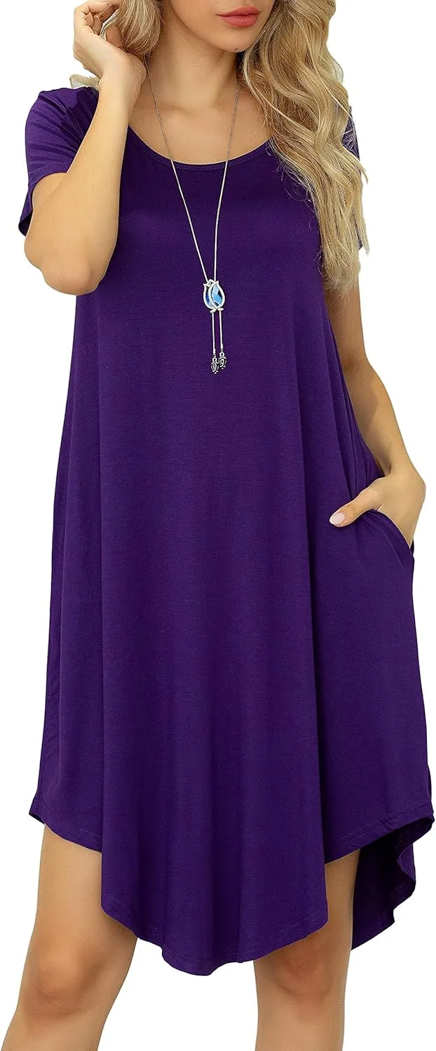 Women Casual Loose Soft Crewneck Short Sleeve Pockets Swing T-Shirt Dress
