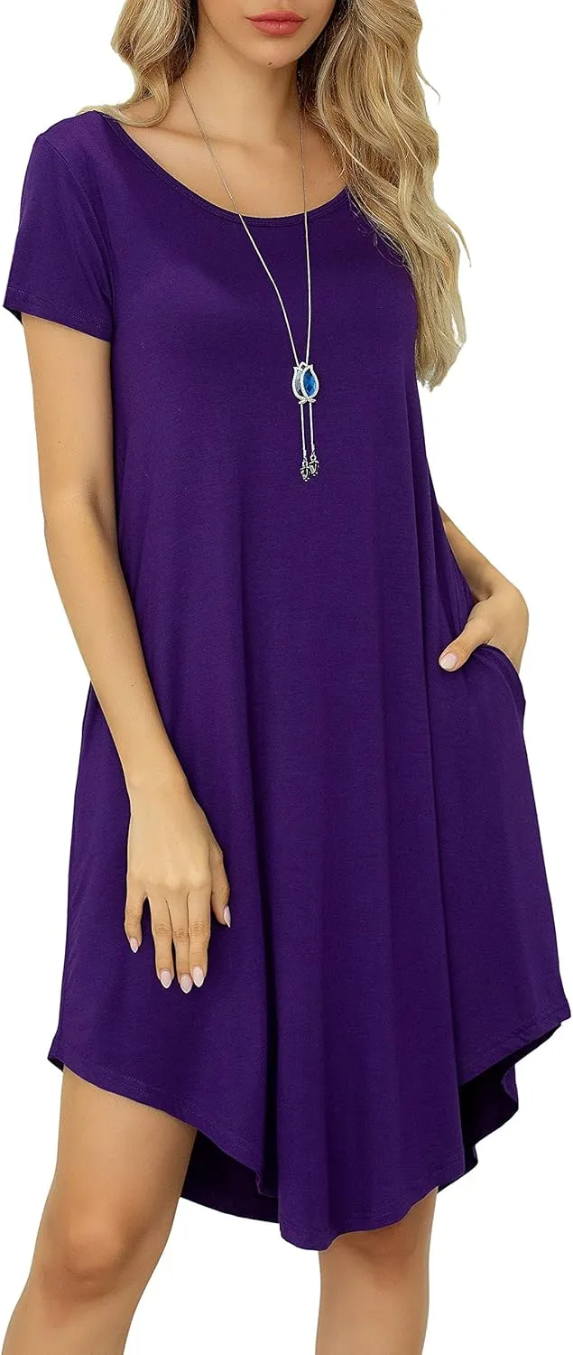 Women Casual Loose Soft Crewneck Short Sleeve Pockets Swing T-Shirt Dress