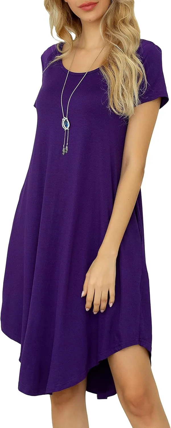 Women Casual Loose Soft Crewneck Short Sleeve Pockets Swing T-Shirt Dress