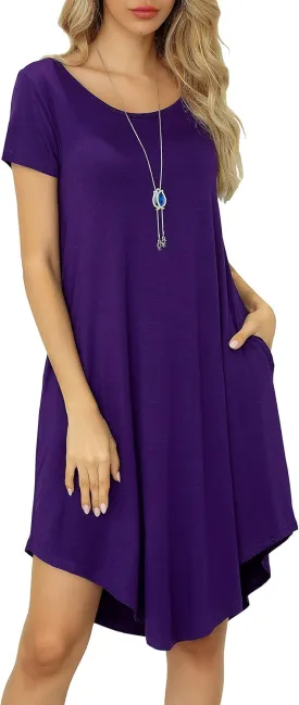 Women Casual Loose Soft Crewneck Short Sleeve Pockets Swing T-Shirt Dress